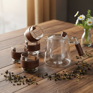 Набор для чая из 5 предметов: классический дизайн, пищевое боросиликатное стекло, с чайником, деревянной подставкой, маленькими чашками и боковой ручкой, для путешествий - Product Image 4