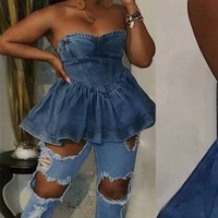 Mode Streetwear Unique Printemps-Été Vintage Sexy Sans Manches Bustier Corset en Jean Vêtements Hauts Gilet Femme