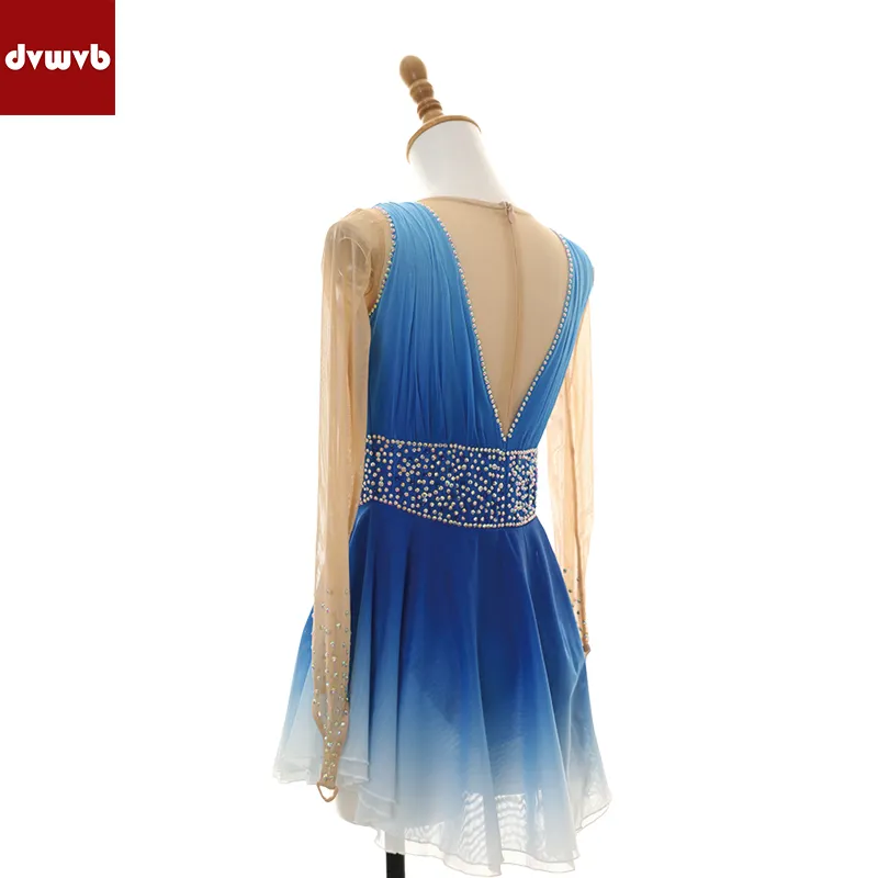Vestido de patinaje artístico para niña nueva de alta calidad, falda degradada azul, disfraz profesional