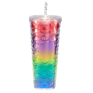 Tazza da Caffè in Plastica Riutilizzabile da 24oz con Doppia Parete, Gradiente Glitterato Trasparente, Personalizzabile, con Cannuccia e Coperchio - Product Image 4