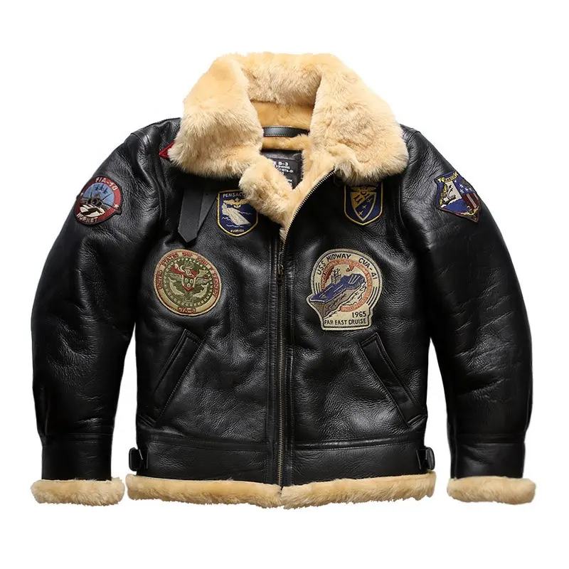 Giacca in pelle di pecora addensata pilota OEM B3 giacca a vento invernale bomber Multi-standard da uomo con risvolto grande giacche in pelle di pelliccia