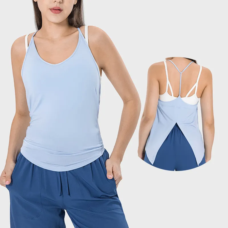 Großhandel Lulu Damen offenen Rücken Training ärmellose Hemden rundhalsausschnitt Yoga-Weste offener Rücken Sport Tanktops