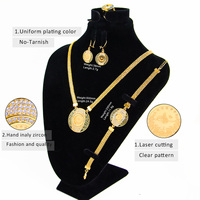 Nouveautés Parure de Bijoux Arabes Pièce d'Or pour Femme, Ensemble Bijoux Zirconium Boucles d'Oreilles et Collier Plaqué Or Style Dubaï