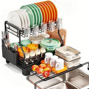 Égouttoir de cuisine extensible à 2 niveaux en acier pour comptoir, pour assiettes, tasses et vaisselle, avec rangement et drainage - Product Image 1