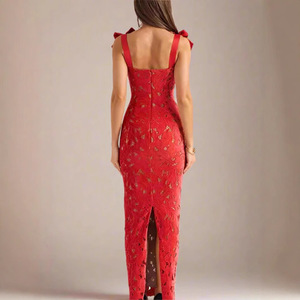 Elegant <b>Red</b> Lace Bodycon Long <b>Dress</b> With Bow Shoulders U-Neck Cut-Out Design For <b>Wedding</b> Events - Product Image 2