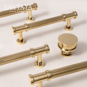 Santaya Solid Brass Luxury Furniture Handle Ribbed Romance Style PVD <strong>Gold</strong> T-Bar Kitchen <strong>Cabinet</strong> Pull Wardrobe Door Copper <strong>Knob</strong> - Product Image 1