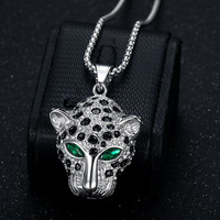 Bijoux à breloques animalières mode unisexe yeux rouges tête de léopard Hip Hop collier pendentif en acier inoxydable plaqué or 18 carats pour cadeau