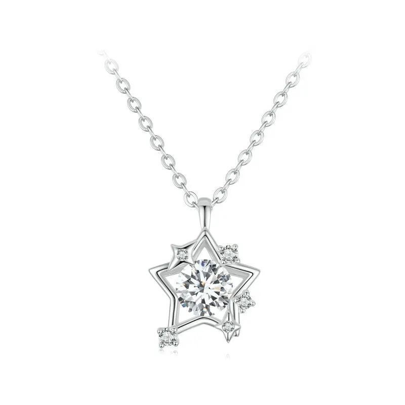Collar de Estrella de Plata de Ley 925 original con cadena de cuello chapada en oro blanco de circón apta para regalo de mujer joyería fina de 45CM