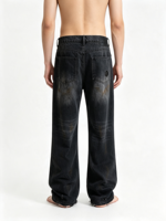 Jean en denim pour homme, coupe droite, délavé vintage, avec déchirures et patchs, vente en gros pour vêtements streetwear personnalisés
