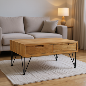 Solid Teak Coffee <b>Table</b> 31.5x31.5x15.7 Inches With Drawers Modern Living Room Furniture - Product Image 2