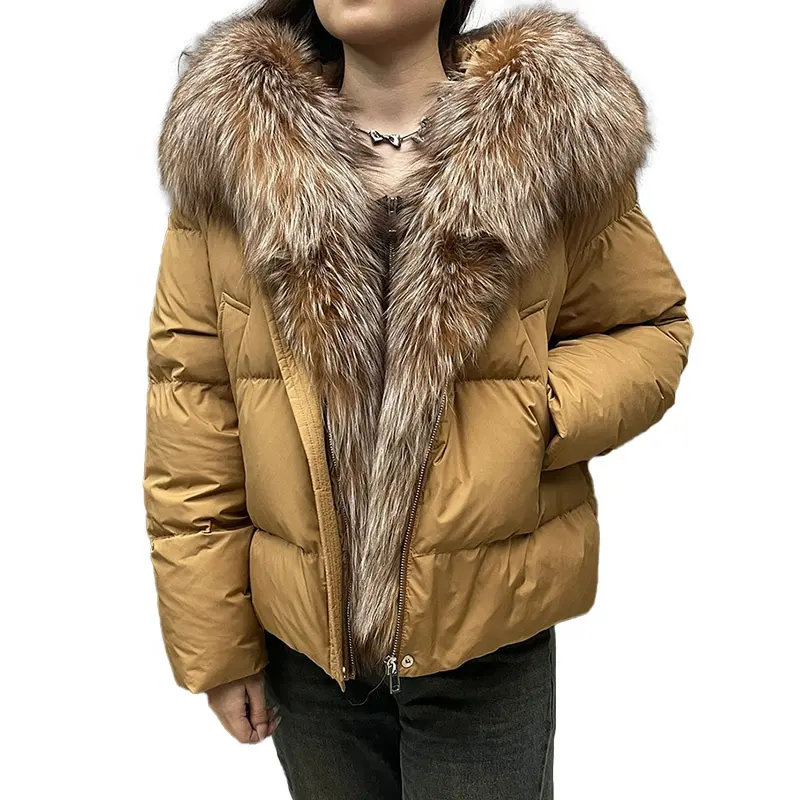 Abrigo de plumón de pato con capucha cálido de invierno de lujo de alta calidad para mujer con cuello de piel de zorro Real
