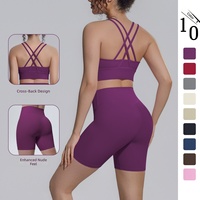 Set Yoga 2 Potong Wanita YZ Motif Kotak-kotak Bernapas dengan Tali Model Y, Bra Olahraga Pinggang Tinggi & Celana Pendek Bahan Spandex/Nylon Ukuran XL