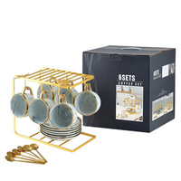 Ensemble de tasses à café en céramique empilables et peu encombrantes avec support de rangement en métal, ensemble de tasses en porcelaine marbrée pour le comptoir de cuisine
