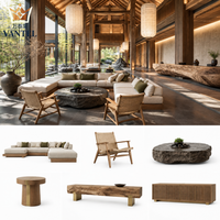 Ensemble de mobilier de style japonais pour hall d'hôtel avec canapé, table basse en pierre, comptoir de réception, banc et buffet pour complexes hôteliers