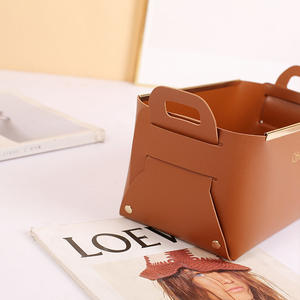 Cesta de almacenamiento de cuero para maquillaje y cosméticos, organizadores plegables de estilo nórdico, color marrón, ecológicos - Product Image 1