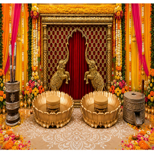 Decoración de Lujo para la Ceremonia Haldi con Marco de Elefante, Tema para Bodas al Aire Libre, Urli para la Ceremonia Haldi, Función Vibrante para la Ceremonia Haldi - Product Image 1