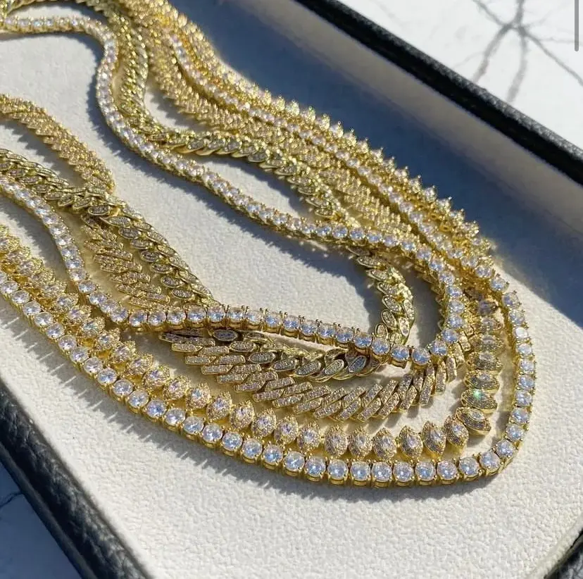 مجوهرات هيب هوب اجتياز اختبار الماس 3 مم--5 مم العرض 18K الذهب المزرعة الماس قلادة التنس / سوار