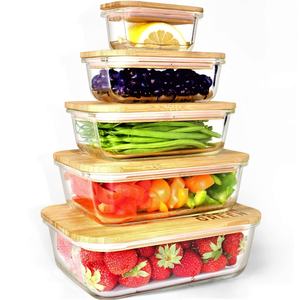 5pcs/<b>Set</b> Glass Food Bamboo Storage Containers With Bamboo Lids <b>Box</b> Storage Canister - Product Image 3