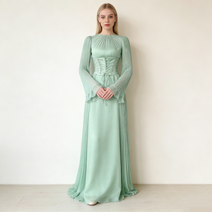 Robes pour femmes, vert menthe clair, col montant, col à volants, manches longues plissées, corset à lacets, taille cintrée, robes maxi élégantes - Product Image 3