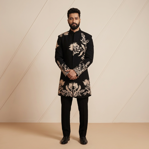 DAZZLING--GOLDEN EMBROIDERY on GROOM BLACK SHERWANI and <b>PANT</b> WITH EMBELLISHED CRYSTAL GLASS BEADS,DABKA WORK for WEDDING=2024 - Product Image 4