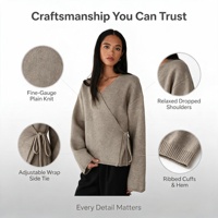 Cardigan en maille tricotée à l'ordinateur 100 % polyester pour femme, col en V, à lacets – Respirant, séchage rapide, anti-boulochage, anti-plis
