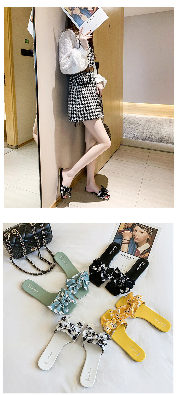 Summer Bow Square Head Flat Shoes Casual Slides Slipper Non Slip Ladies Sandals and Slippers