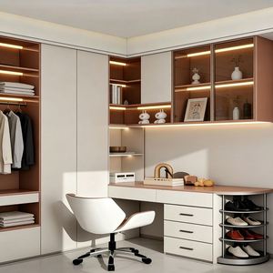 Armoire de chambre à coucher BALOM de taille personnalisée, style moderne INS, armoire intégrée et bureau avec rangement incurvé et éclairage d'ambiance - Product Image 5