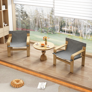 Fauteuil d'appoint en chêne avec accoudoirs larges, style Mid-Century, en tissu lin et structure en bois massif pour salon - Product Image 4