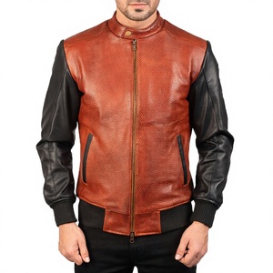 Chaqueta de Cuero Marrón para Hombre, Estilo Motero, Mangas Negras, Cuello Alto, Cierre de Cremallera, Impermeable, Estilo Moto, Prenda Exterior de Cuero Genuino - Product Image 4