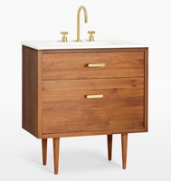 Meuble-lavabo de salle de bain de style moderne du milieu du siècle avec dessus en marbre, pieds coniques autoportants, grand tiroir de rangement et armoire en bois massif