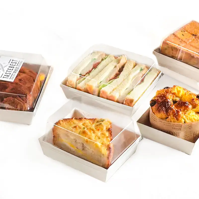 Caja rectangular personalizada para pan, sándwich, hamburguesa, perro caliente, embalaje de alimentos, caja desechable para pastel con tapa de plástico transparente