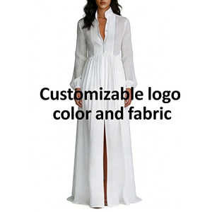 Vestido Maxi Blanco con Cuello Mandarín para Mujer - Manga Larga, Botones al Frente, Plisado, Estilo Boho, Ropa de Mujer, Vestidos de Moda - Product Image 3