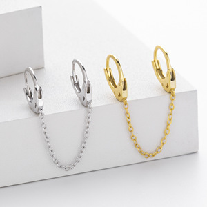 925 <b>Silver</b> Woman Fashion <b>Earring</b> Minimalist Double Huggie <b>Hoop</b> With Chain 18K Gold Plated Hypoallergenic <b>Sterling</b> <b>Silver</b> <b>Earring</b> - Product Image 3