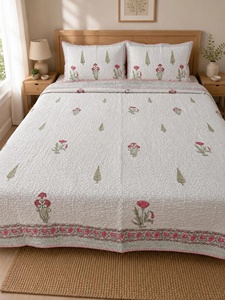 Beautiful Floral Block Printed Cotton Bedcover <b>Set</b> Lightweight Quilted <b>Comforter</b> & Pillow Covers Handmade Jaipur King Bedding - Product Image 3