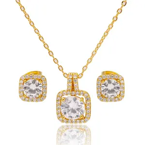 2021 Good Quality 24k Real Gold Plated No Fade White Cube Zircon Necklace And Earring Jewelry Sets For Women