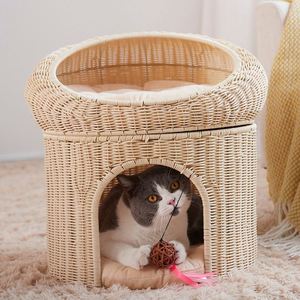Maison pour chat en rotin tressé à double étage, lit-caverne pour chat à deux niveaux, jouet suspendu, décoration, abri de sommeil pour animaux de compagnie d'intérieur - Product Image 2