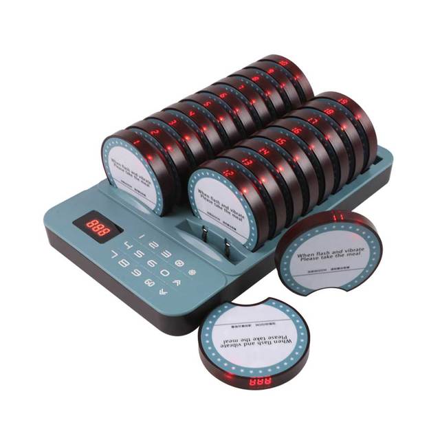 Wireless Restaurant Pager System 20 Round Coasters Guest Queue Paging System with Waterproof Ring Flash Vibrate for Food Courts