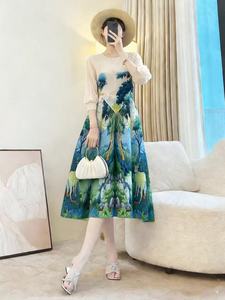 Elegante Abito Midi Plissettato con Stampa Floreale Blu <span class=keywords><strong>e</strong></span> Gialla, <span class=keywords><strong>Vestito</strong></span> a Maniche Lunghe a Sbuffo Linea A per Donne - Product Image 3