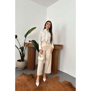 Pantalones anchos de gabardina beige de cintura alta antiarrugas para mujer - Product Image 3