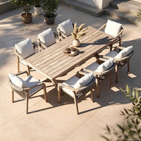 Table et fauteuil de jardin en teck massif au design nordique moderne avec tressage en corde de rotin, résistants à l'eau, pour jardin et villa