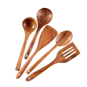 Hot Bán tự nhiên Gỗ Tếch 5 cái nhà bếp bằng gỗ Đồ dùng nấu ăn thiết lập với thìa - Product Image 5