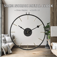 Jam Dinding Logam Nordik 50 cm, Cincin Besi Bulat, Jarum Analog, Dekorasi Rumah Modern untuk Ruang Tamu
