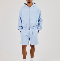 Ensemble de survêtement court pour homme, bleu clair, coupe décontractée, avec sweat à capuche zippé, coupe ample, 100% coton épais, imprimé et brodé de luxe