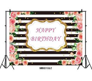 7x5ft Joyeux Anniversaire Noir et Blanc Rayure Rouge <span class=keywords><strong>Aquarelle</strong></span> Rose Or Point Photographie Rayure Anniversaire Fleurs Thème Toile De Fond - Product Image 3