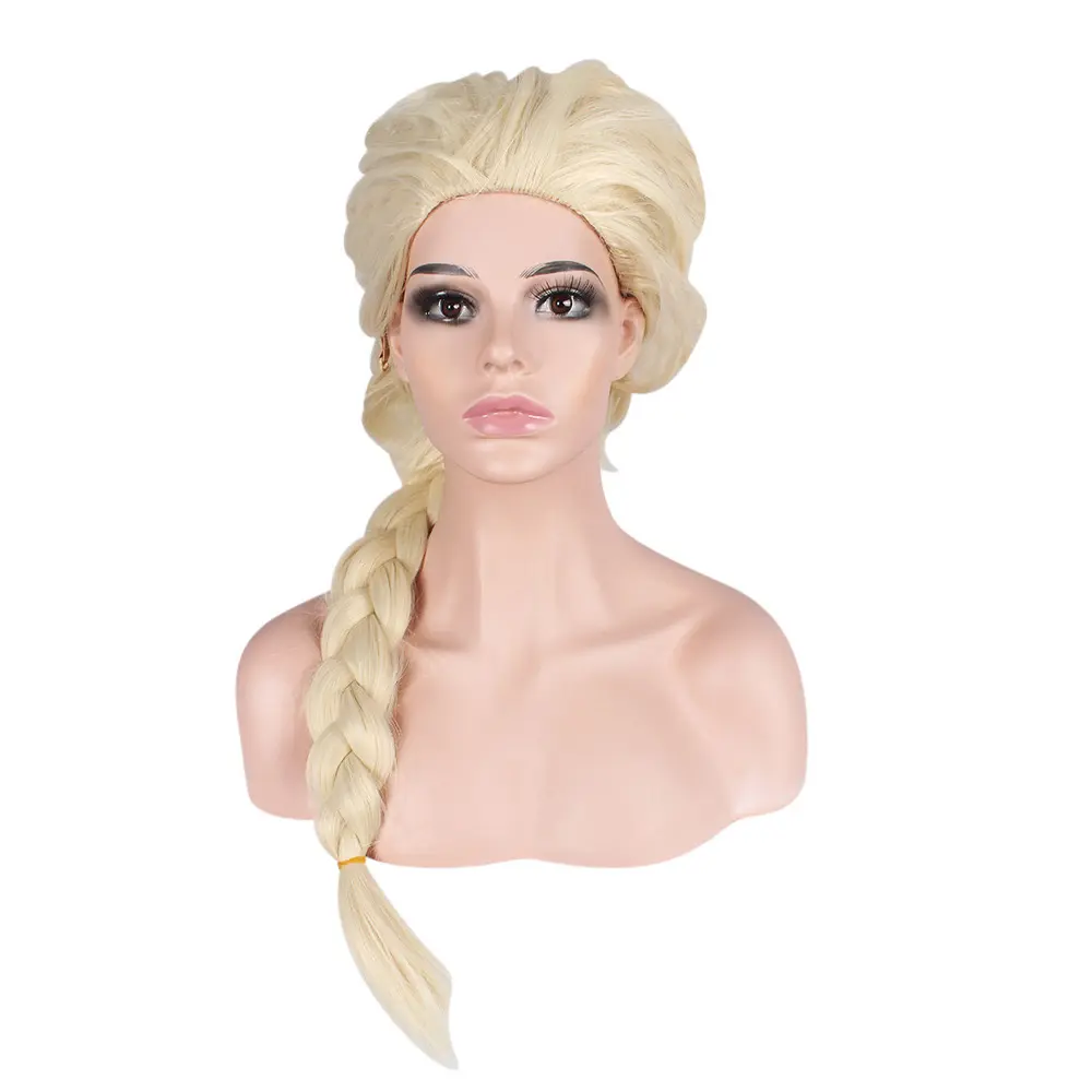 Peluca de cosplay de Elsa de dibujos animados, venta al por mayor, barata, nueva moda americana para niñas, pelo largo dorado sintético de fibra de alta temperatura, trenza grande