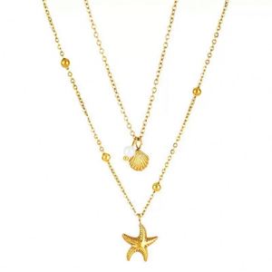 Collar de Acero Inoxidable Impermeable con Baño de Oro de 18k, Doble Capa, Diseño de Concha y Estrella de Mar, Ideal para Regalo - Product Image 4