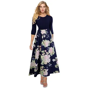 LE-19101487 Loose Fit Navy Blue Elastic Waist Pleated Maxi Dresses Women Floral Pattern Dresses Women Ladies Elegant