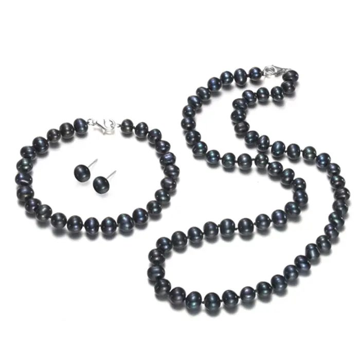 Black Wholesale Freshwater Cultured Genuine Pearls Jewelry Set With Necklace Bracelet 925 Sterling Silver