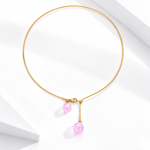 Collier à perles roses en acier inoxydable, perles en résine, plaqué or 14K sous vide, design fil de collier - Product Image 1