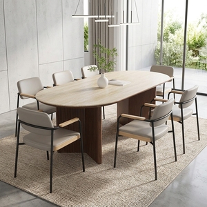 Table de salle à manger haut de gamme en bois massif français, table de salle à manger minimaliste pour la maison, table de salle à manger en pierre à trou ovale de style antique - Product Image 2